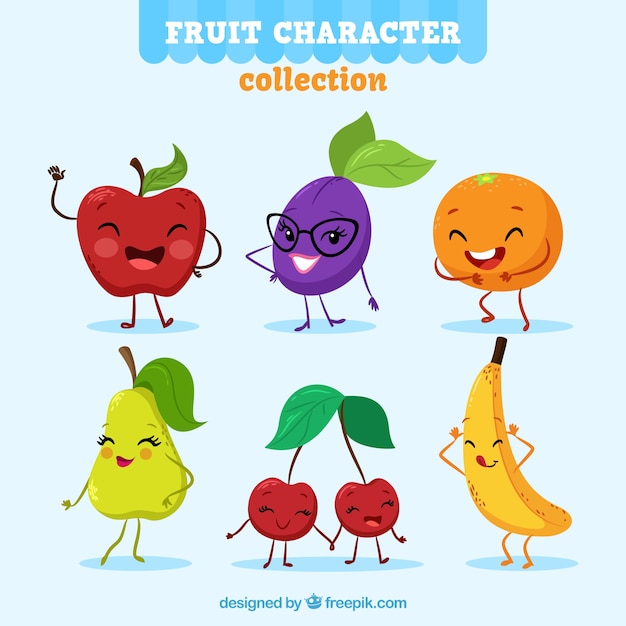 Gratis vector grappig pakket van expressieve fruitkarakters