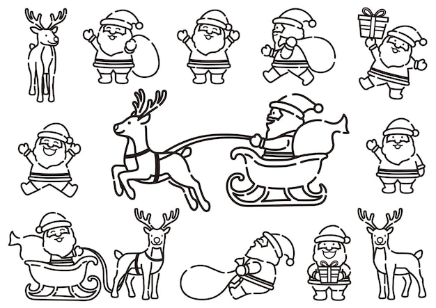 Grappige cartoonachtige kerstman en rendieren in dynamische poses vectorillustratie