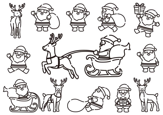 Grappige cartoonachtige kerstman en rendieren in dynamische poses vectorillustratie
