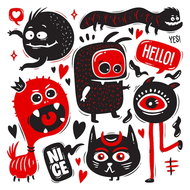 Gratis vector grappige doodles met monsters set