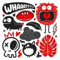 Gratis vector grappige doodles met monsters set