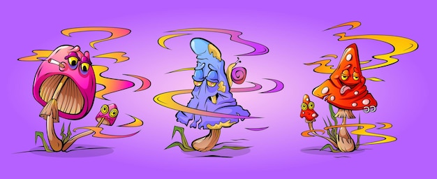 Gratis vector grappige groovy trippy paddenstoel met funky gezichten