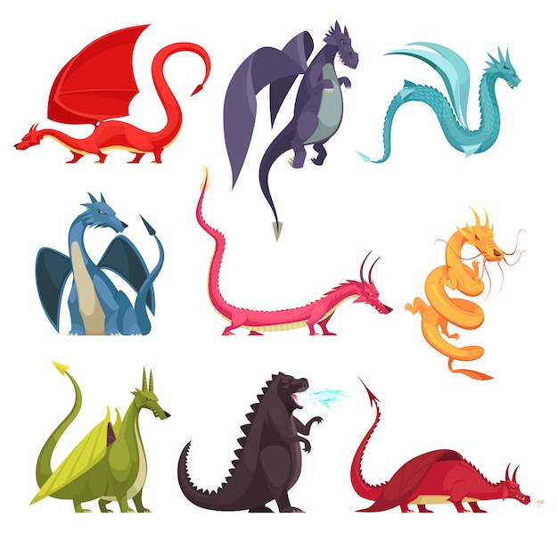 Gratis vector grappige kleurrijke vuurspuwende drakenmonsters rare slang zoals pictogrammen van het wezens de vlakke beeldverhaal geplaatst geïsoleerd