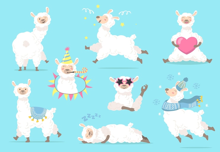 Gratis Vector grappige lama in verschillende poses platte item set.
