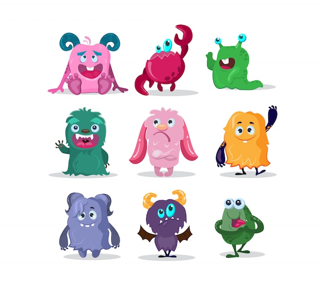 Gratis vector grappige monsters stripfiguren instellen