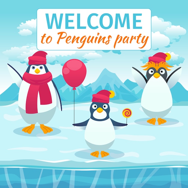 Gratis vector grappige pinguïns kaart of uitnodiging voor feest. welkom festivalvakantie, evenement vieren, sjabloonbanner. vector illustratie