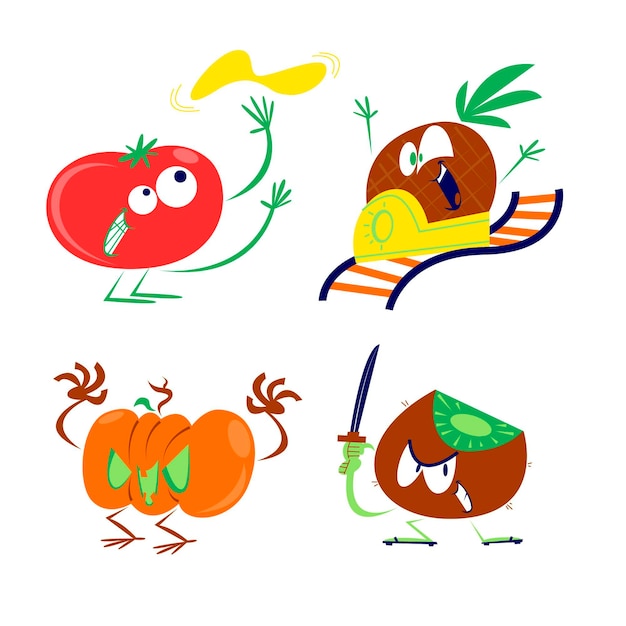 Grappige platte illustraties van groenten en fruit