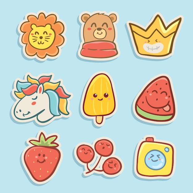 Gratis vector grappige sticker handgetekende set