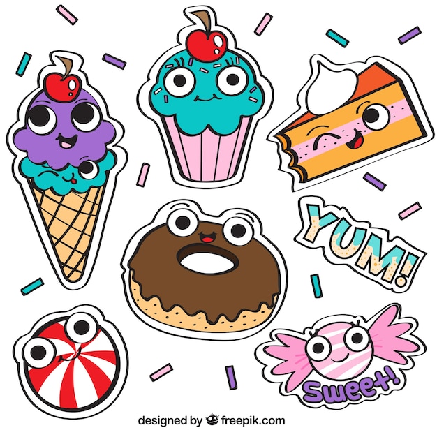 Gratis vector grappige stickers met zoet eten