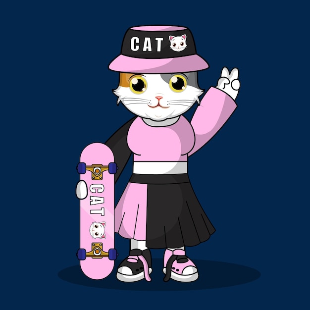 Gratis vector gratis vector schattige kat skateboard spelen met metalen hand cartoon vector pictogram illustratie