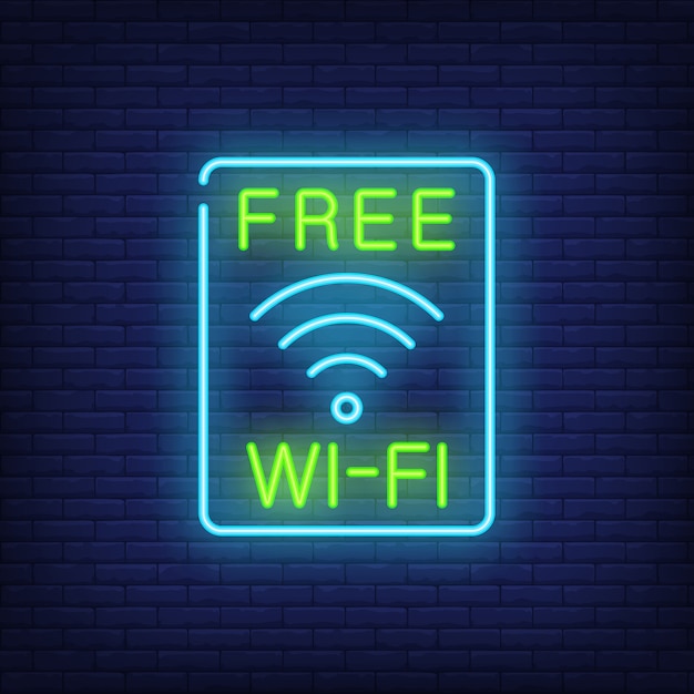 Gratis wi-fi neonbord. Wi-fi-toegangsteken in blauwe rechthoek. Nacht heldere advertentie