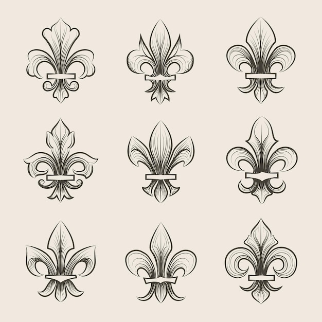 Gravure fleur de lis pictogrammen instellen. antieke decoratie fleur de lis, middeleeuwse heraldische fleur de lis, franse fleur de lis.