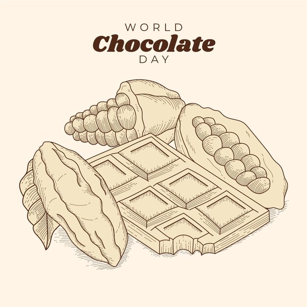 Gravure van de hand getekend wereld chocolade dag illustratie