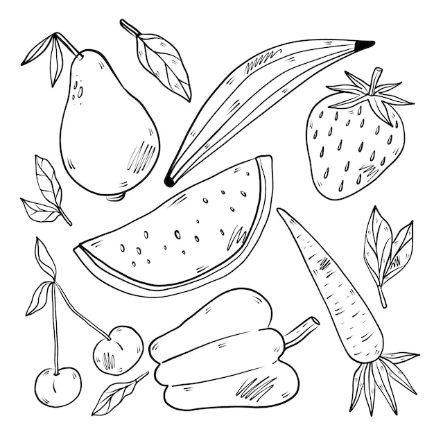 Gravure van handgetekende fruitcollectie