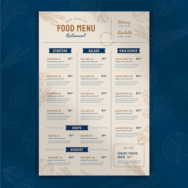 Gratis vector gravure van handgetekende rustieke restaurantmenu