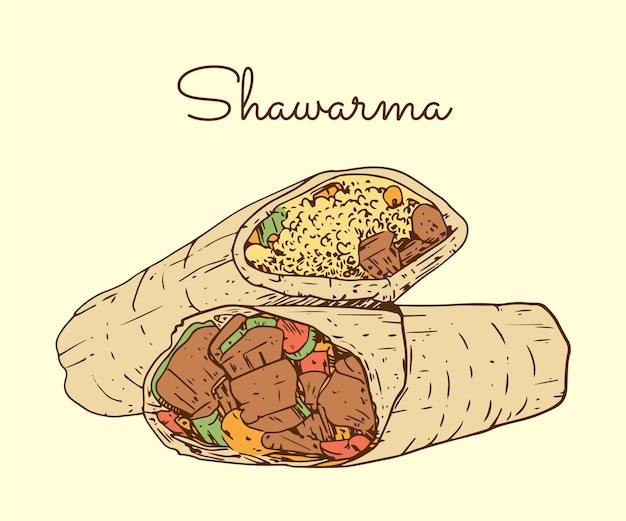 Gravure van handgetekende voedzame shoarma illustratie