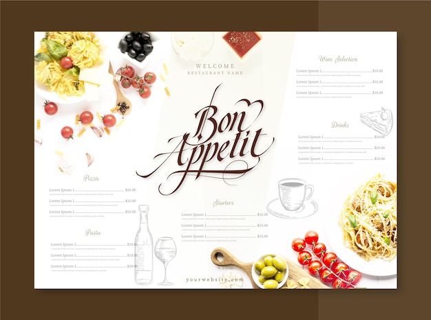 Gratis vector gravure van het handgetekende rustieke restaurantmenu met foto