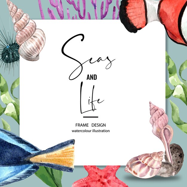 Grenskader met Sealife-thema. Verschillende dieren onder de zee voor decoratie.