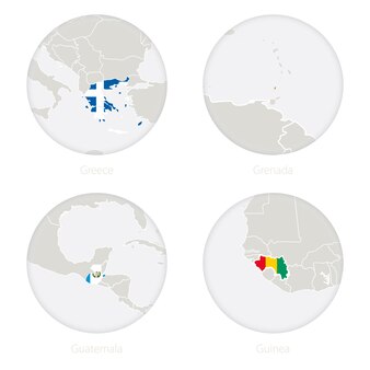 Griekenland, grenada, guatemala, guinee kaart contour en nationale vlag in een cirkel. vectorillustratie.