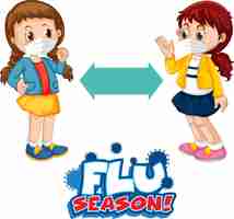 Gratis vector griepseizoen lettertype in cartoon-stijl met twee kinderen die sociale afstand houden geïsoleerd op een witte achtergrond