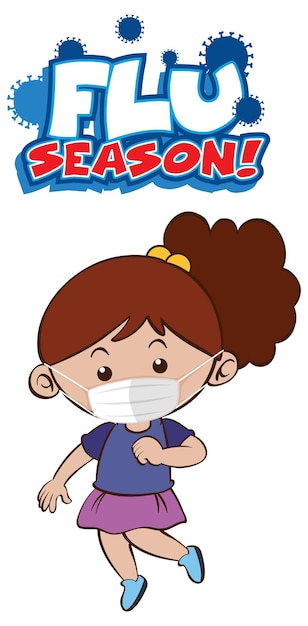 Griepseizoen lettertype ontwerp met een meisje met een medisch masker op een witte achtergrond