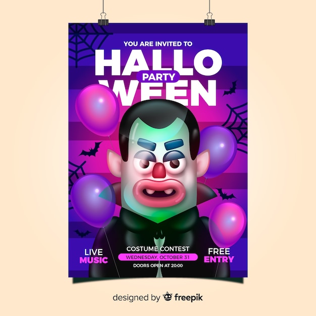 Gratis vector griezelig halloween party poster sjabloon met realistische ontwerp