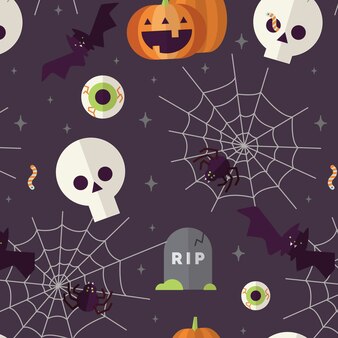 Griezelig patroon met halloween items en donkere achtergrond