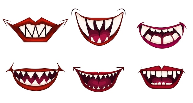 Griezelige clown monden instellen enge kwade clown glimlach vector pictogrammen instellen vector illustratie eps