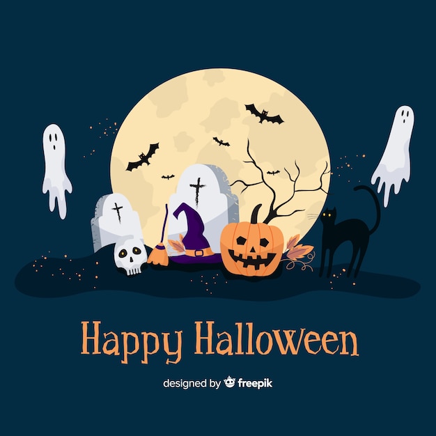 Griezelige Halloween-achtergrond in vlak ontwerp
