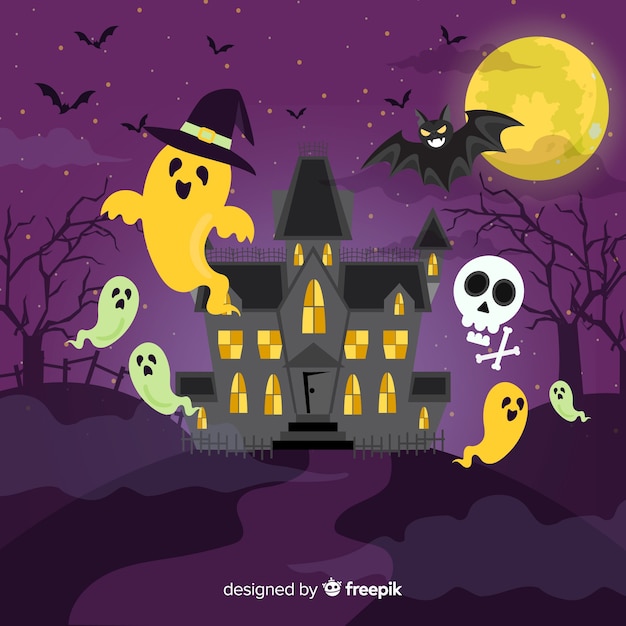 Griezelige Halloween-achtergrond met vlak ontwerp