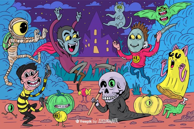 Griezelige halloween-illustratie van wezens