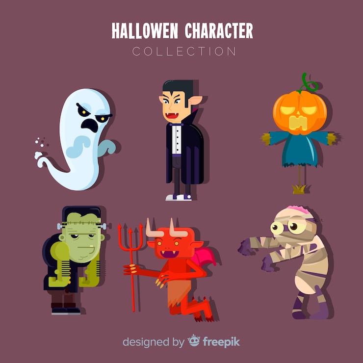 Gratis Vector griezelige reeks halloween-karakters met vlak ontwerp
