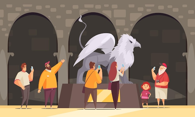 Gratis vector griffon-standbeeld in een museum met toeristen die foto's maken