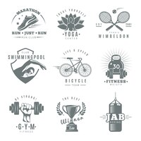Grijs geïsoleerd fitness gym logo set met marathon run club tennis wimbledon jab boksbeschrijvingen