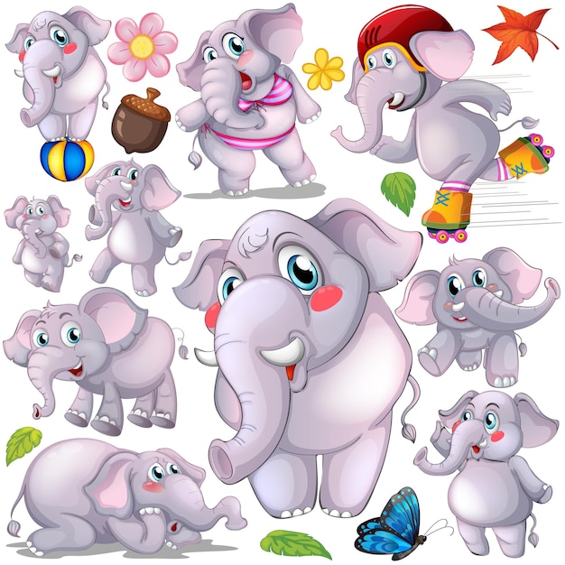 Gratis vector grijze olifant die verschillende acties doet