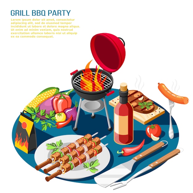 Grill bbq isometrische illustratiesamenstelling met bewerkbare tekstbeschrijving en tafelblad met barbecuevoedsel