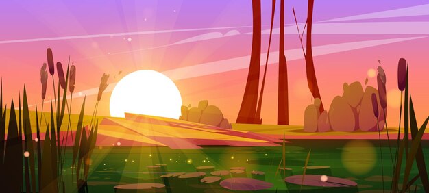 Groen moeras en lisdodde dichtbij meer roze zonsondergang