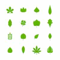 Gratis vector groene bomen vertrekken platte pictogrammen set van eiken aspen linden esdoorn kastanje klaver planten geïsoleerde vector illustratie