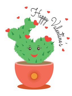 Groene cactus met rode harten in een pot met de inscriptie happy valentine day