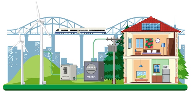 Gratis vector groene energie opgewekt door windturbine en zonnepaneel