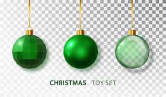 Gratis vector groene kerstboom ballen set met geïsoleerde op transparante achtergrond realistische hangende groene kerstballen xmas vakantie feest decor