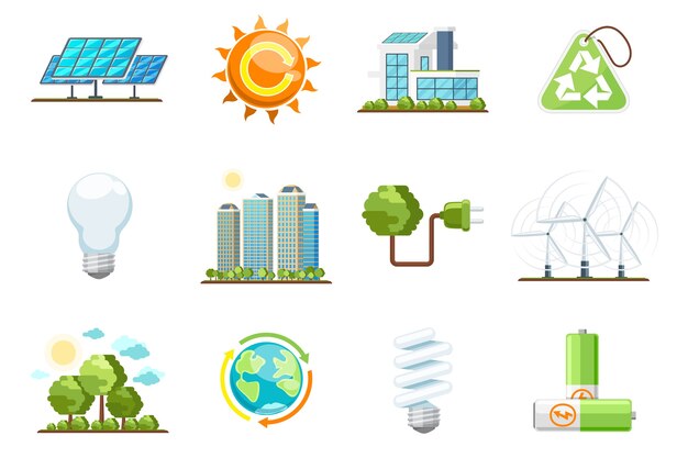 Groene machtspictogrammen. Eco schone energie set. Natuur en milieu, energie bio zon, recycling van groene energie vector iconen
