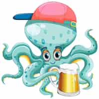 Gratis vector groene octopus met dop die bier drinkt