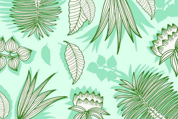 Gratis vector groene pastel lineaire tropische bladeren achtergrond