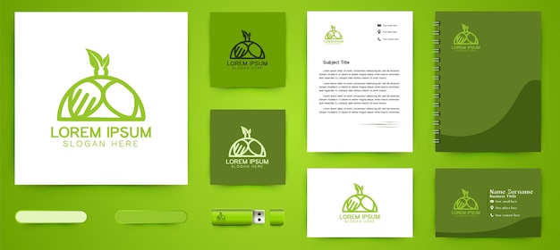 Groene restaurant plaat, gezonde voeding logo business branding pakket sjabloon ontwerpen inspiratie geïsoleerd op witte achtergrond