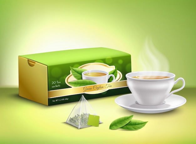 Gratis vector groene thee verpakking realistisch ontwerp