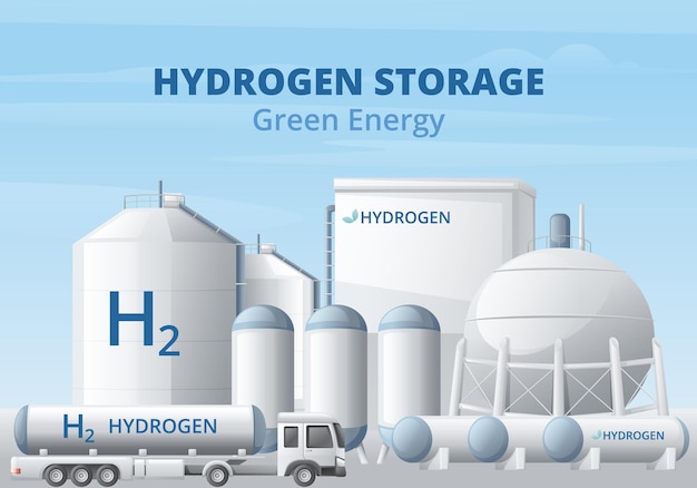 Groene waterstof energie brandstof generatie cartoon achtergrond samenstelling met tekst en opslagtanks met tankwagen vectorillustratie