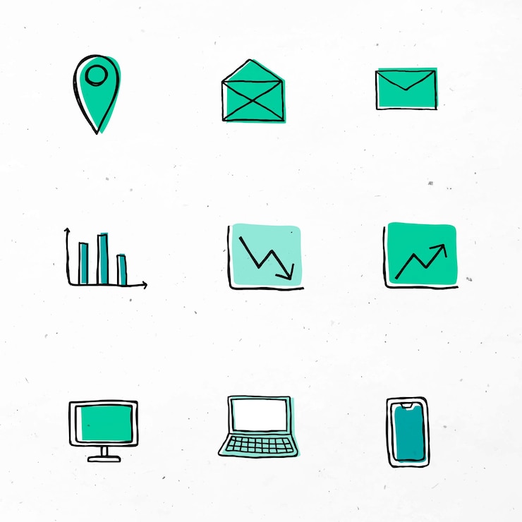 Gratis Vector groene zakelijke iconen vector met doodle kunst ontwerpset