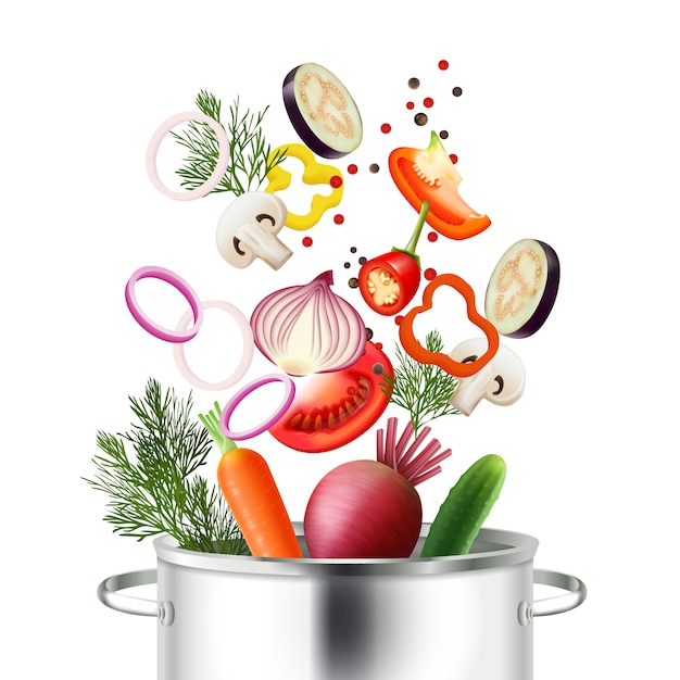 Gratis vector groenten en pot realistisch concept met ingrediënten en kokende symbolen vectorillustratie