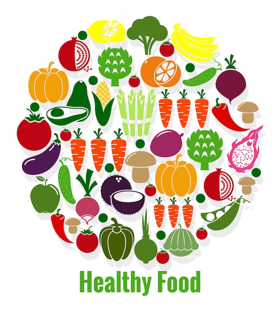 Groenten gezond voedsel. Wortel en tomaat, patison en avocado, vegan en komkommer en paprika. Vector illustratie